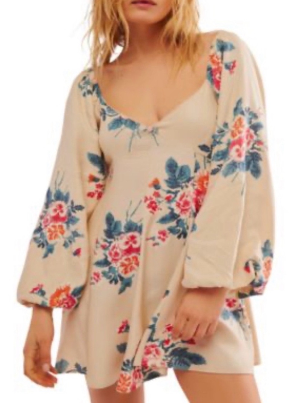 Free People Cream Knit Floral-Accent mini dress